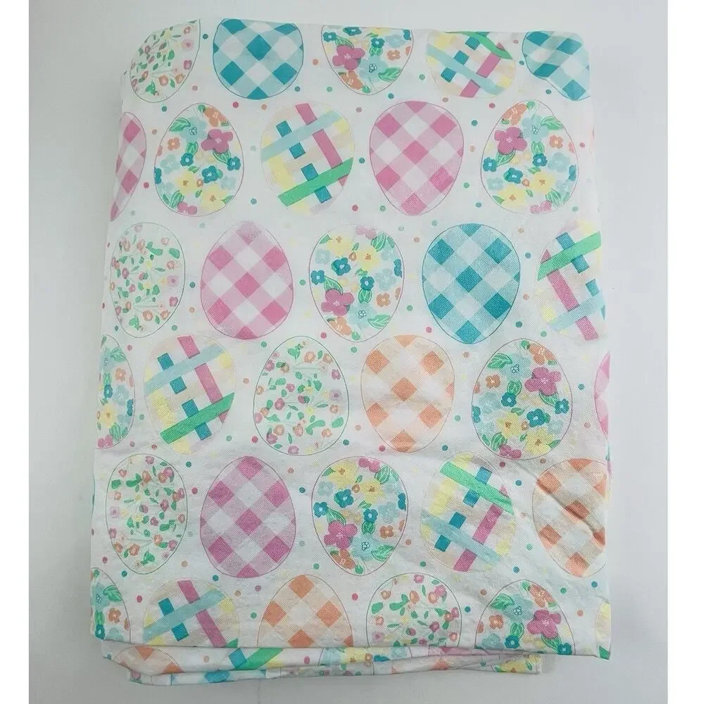 Vintage Vinyl Tablecloth Easter Eggs Pastel 80s Plaid Flowers Flannel Back Check